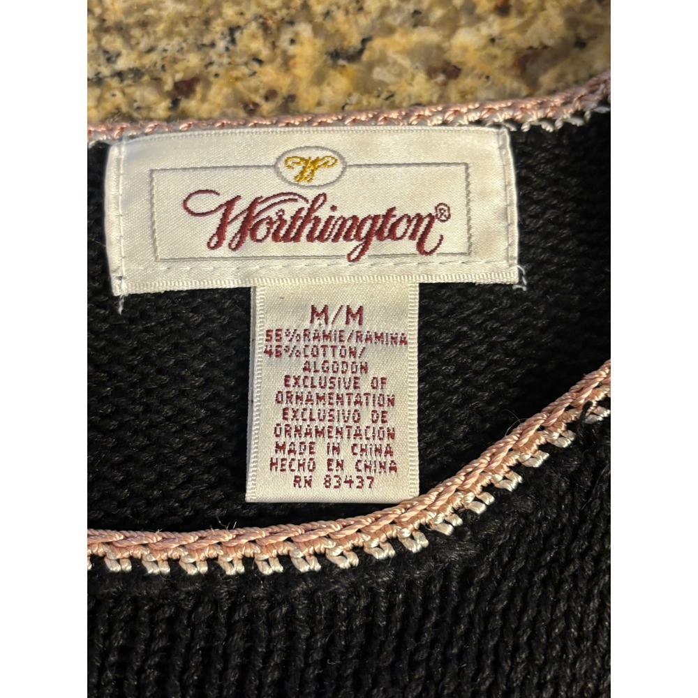 Vintage Worthington Floral Embroidered Knit Sweater Cottagecore Black Size M - Picture 5 of 8